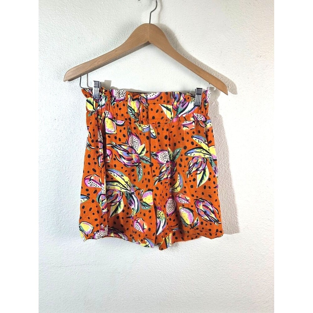OPT Linen Blend Paperbag Shorts Women XS Orange Tropical Floral Polka Dot Pull
